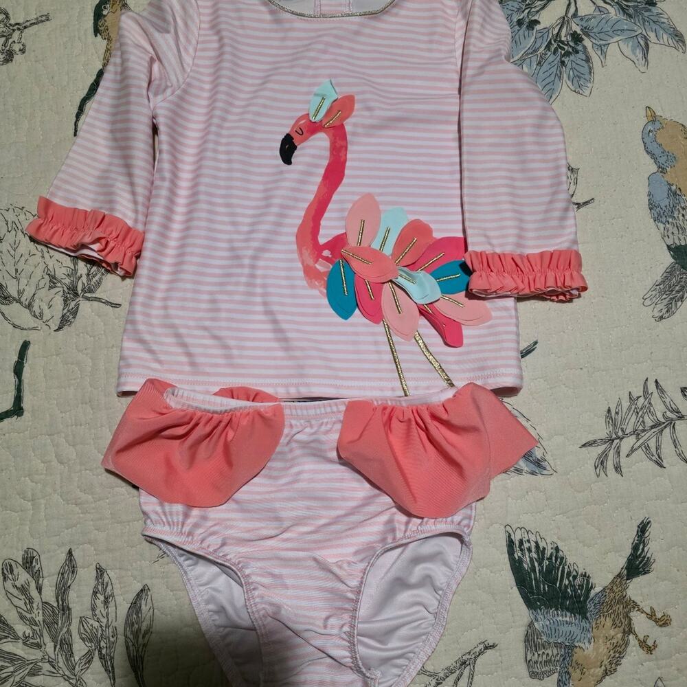 ​Mud Pie Girls Pink Flamingo Stripe Rash Guard Swimsuit Set Size 5T